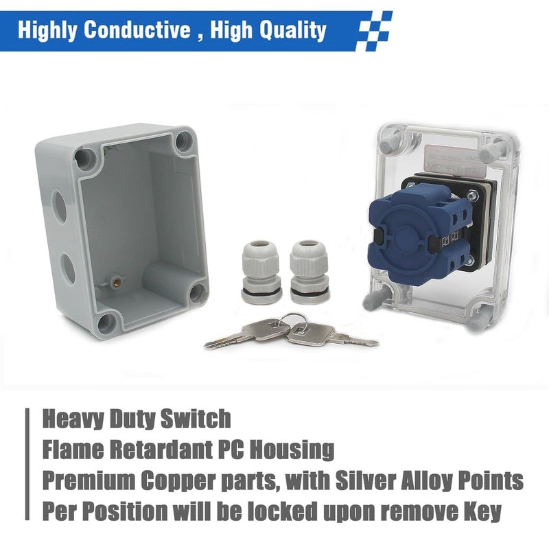 Keymoo 20A Rotary Changeover Switch with Key Lock, 660V 3 Position 2 Phase 8 Terminals, 2-Way 2NO 2NC, Universal Selector Switch with Waterproof Enclosure (3 Positions 2 Poles w/Key) - Image 5